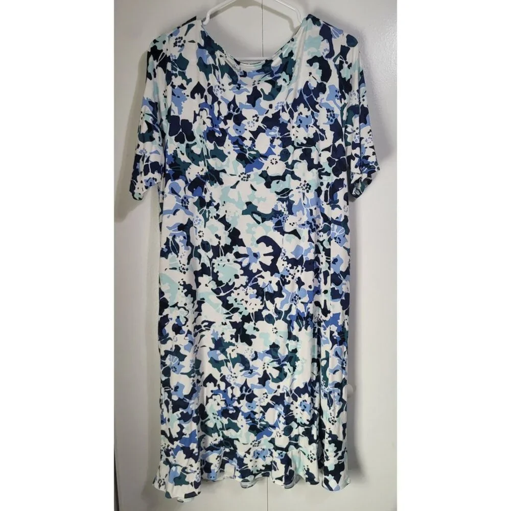J Jill Women's LG Dress Floral Ruffle Short Sleeve Stretch Blue White Pockets - Picture 2 of 7